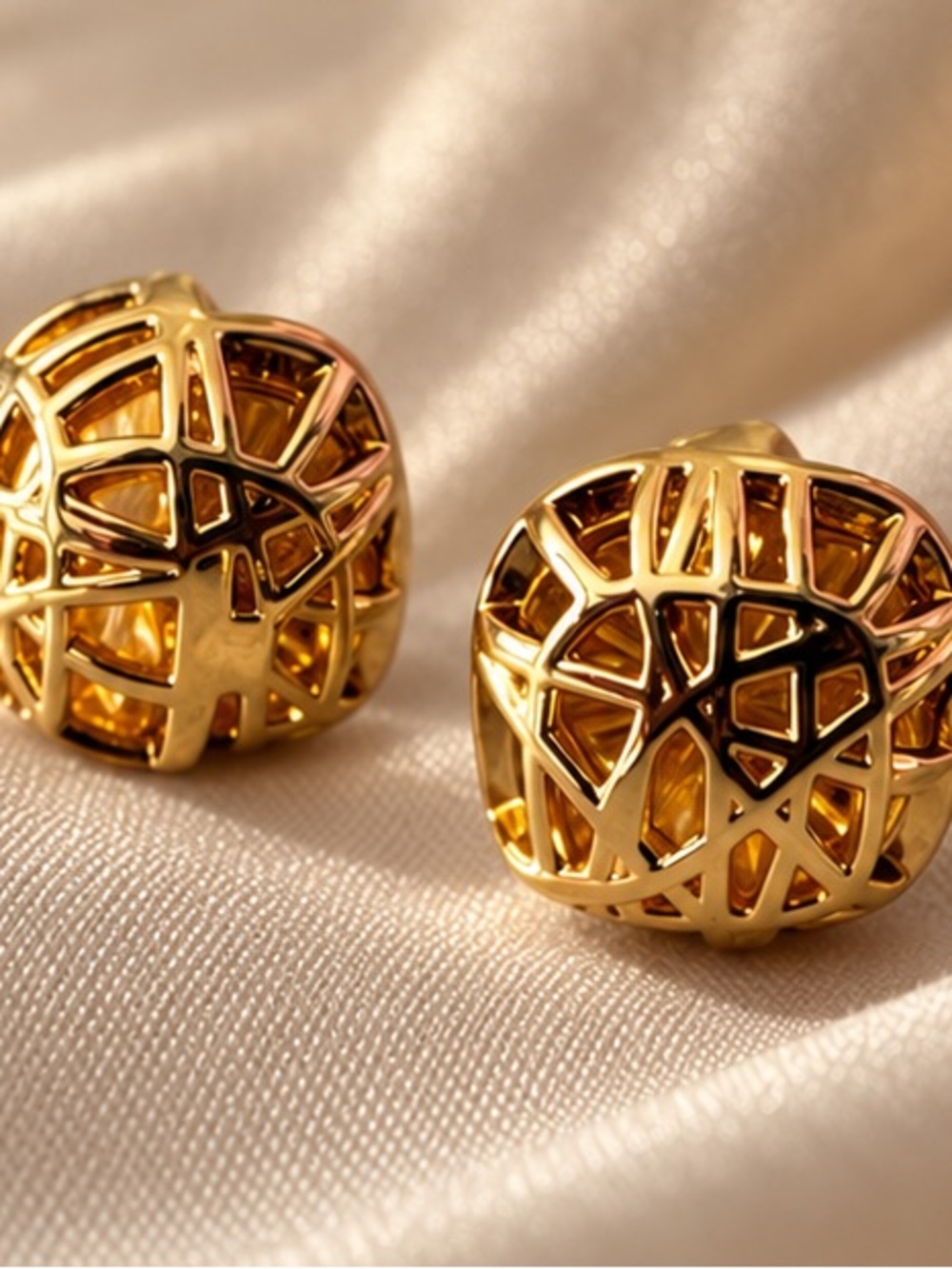 Designer Inspired Gold Tone Geometric Lattice Domed Stud Earrings